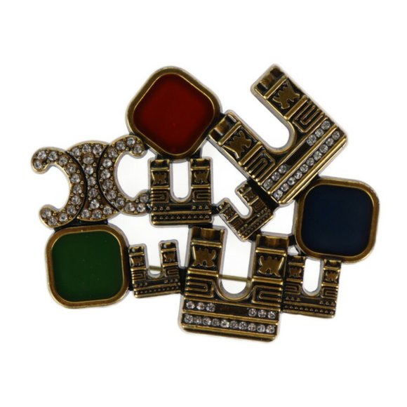 CELINE Pin Brooch - Metal Rhinestone Gold Red Green Blue Arc de Triomphe Moti... - Picture 1 of 7